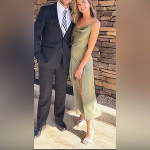 Women’s Small Green Satin Dress with cowl neck, slit, and adjustable straps